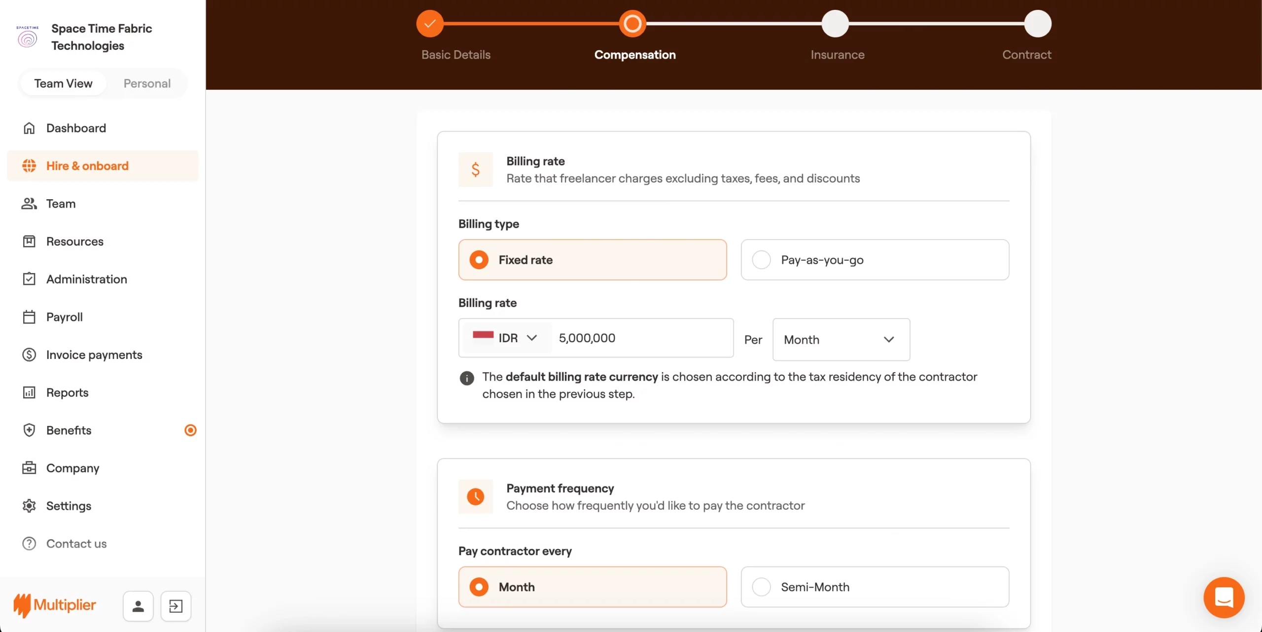 Billing type, rate, frequency, and invoice generation for onboarding a contractor in Indonesia. 